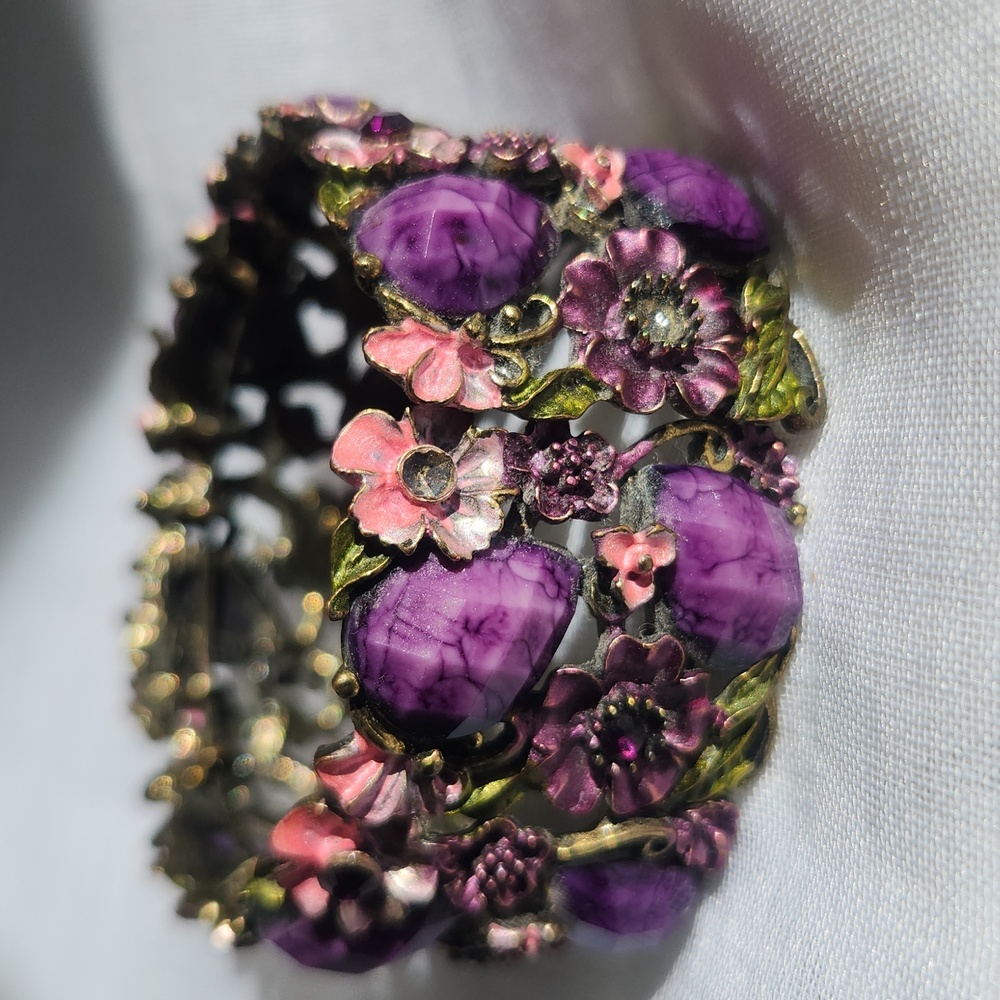 Multi Color Rhinestone Flower Floral Bangle Cuff Bracelet - Picture 14 of 14